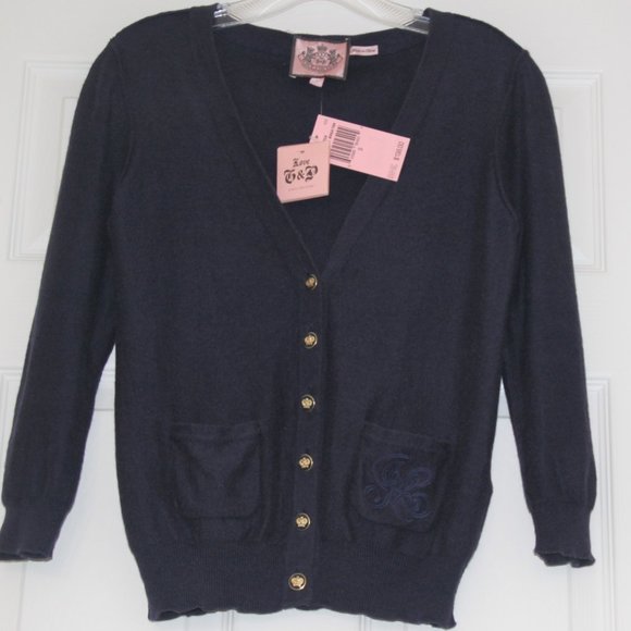 JUICY COUTURE Navy Blue Cotton Cashmere Cardigan Sweater Crown Button Front Sz S - Picture 7 of 8